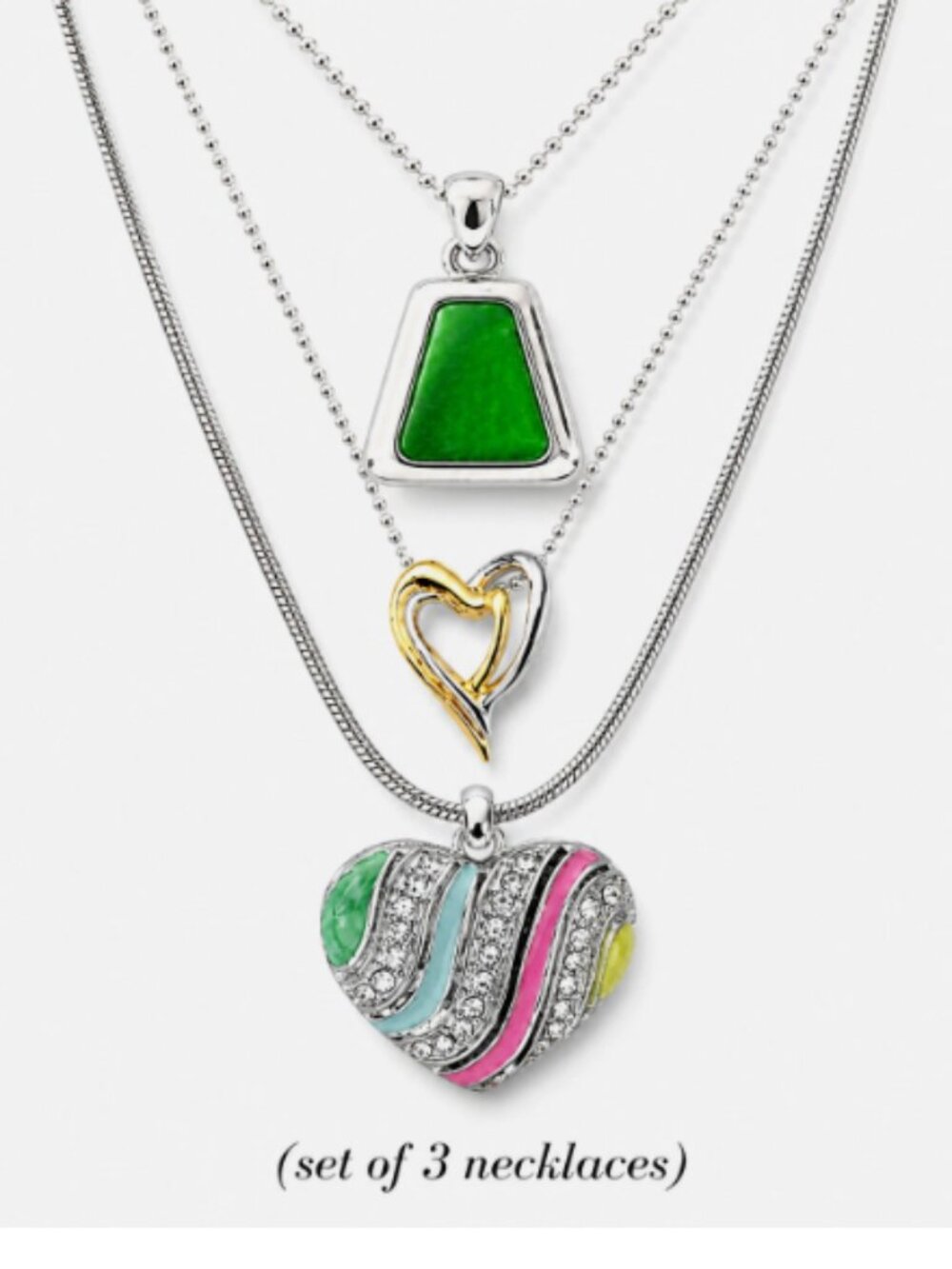 Set x 3 Rainbow Heart Green Charm Pendant Necklaces Layered Fashion Jewelry Gift